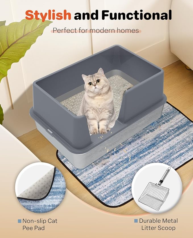 Stainless Steel Litter Box with Lid, 23.5" L x 15.8" W x 12.6" H, XL Metal Cat Box for Big Cats, High Sided Kitty Litter Box with Scoop & Pee Pads, Non-Sticky, Anti-Leakage, Easy to Clean (Gray)-Mewly Pet
