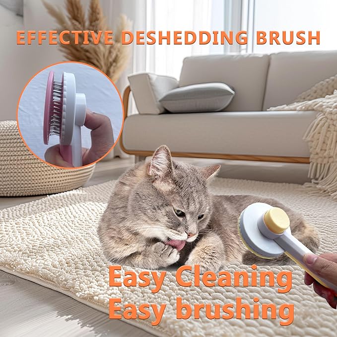 Cat Grooming Brush Kit 6 Tools - Deshedding & Dematting for Long/Short Hair, Self-Cleaning Slicker Brush with 6-in-1 Flea Comb for Cats & Kittens (Orange)-Mewly Pet