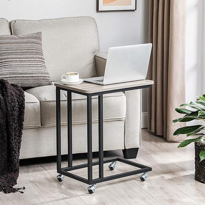 VASAGLE End Table, C Shaped TV Tray with Metal Frame Rolling Casters, Industrial Side Table for Living Room Bedroom, 19.7 x 13.8 x 23.6 Inches, Greige and Black