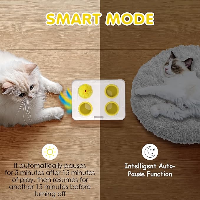 Cat Toys, 2 in1 Automatic Interactive Cat Toys for Indoor Cats, 4 Holes Mice Whack a Mole Cat Mouse Toy with Moving Feather, Rechargeable USB Power Kitten Feather Toys for All Breeds (Yellow)-Mewly Pet