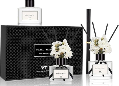 WEALD TRIBE Real Flower Reed Diffuser Set of 3 for Bathroom Shelf Decor, Lemongrass,Eucalyptus & Mint,Velvet Vanilla Scent Sticks Defusers with Essential Oils | Home Office Fragrance(1.7 fl oz/Pack)