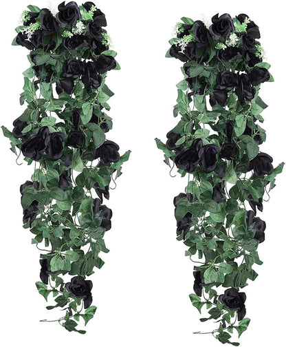 RECUTMS Flowers Artificial Hanging Plants 2PCS 3.3Ft Rose Vine for Home Room Garden Wedding Indoor Outdoor Decoration (Black)