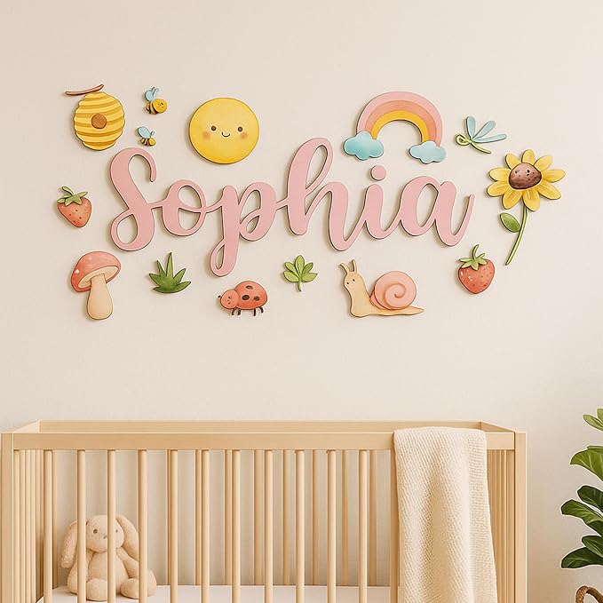 Custom Nursery Name Sign with Themed Decor Kit | Personalized Wooden Wall Art for Baby, Kids Room | Space, Jungle, Circus, Under the Sea, Woodland, Rainbow (60", Rainbow/Nature)