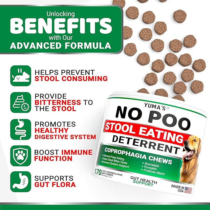 YUMA'S No Poo Chews for Dogs - 170 Count - Coprophagia No Poop Eating Deterrent for Dogs - Stop Eating Poop for Canine - Gut Health - Probiotics & Digestive Enzymes Supplement - Made in USA-Mewly Pet