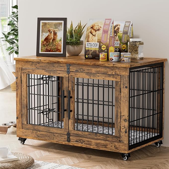 Lulive Dog Crate Furniture, Dog Kennel Indoor Double Doors Wooden Dog Cage, 38'' Heavy Duty Dog Crate with Cushion & Wheels, Decorative End Table Pet House Chew-Resistant for Large/Medium, Brown-Mewly Pet