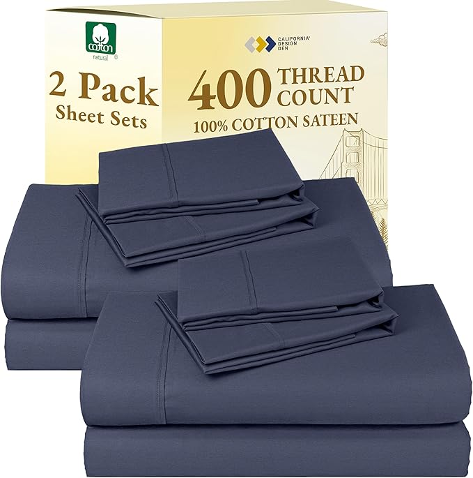 2-Pack King Size Sheet Sets - 400 Thread Count 100% Cotton Sateen - Extra Soft, Breathable & Cooling Sheets, Wrinkle Resistant, 2 Sets of Deep Pocket Bed Sheets - Indigo Dusty Blue