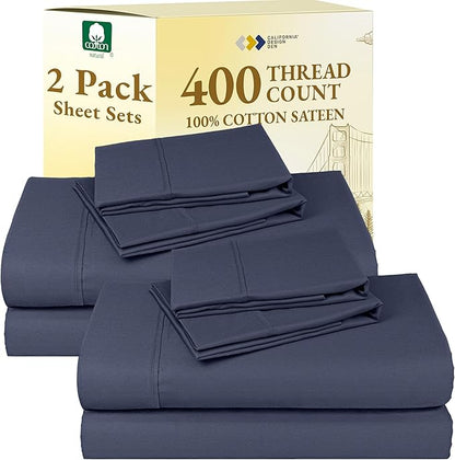 2-Pack King Size Sheet Sets - 400 Thread Count 100% Cotton Sateen - Extra Soft, Breathable & Cooling Sheets, Wrinkle Resistant, 2 Sets of Deep Pocket Bed Sheets - Indigo Dusty Blue