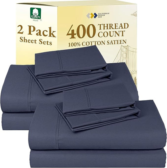 2-Pack King Size Sheet Sets - 400 Thread Count 100% Cotton Sateen - Extra Soft, Breathable & Cooling Sheets, Wrinkle Resistant, 2 Sets of Deep Pocket Bed Sheets - Indigo Dusty Blue