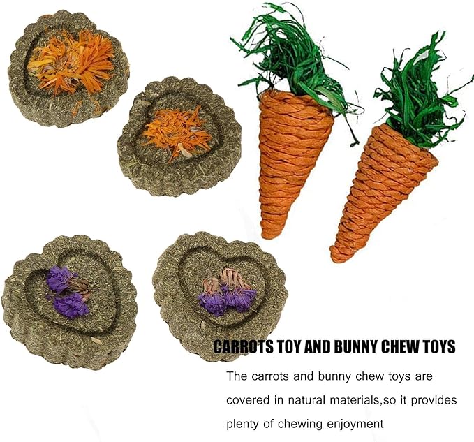 kathson 2 Pcs Large Rabbit Grass House Natural Foldable Hand Woven Seagrass Bed Carrot Hay Toy Hut Safe Comfortable Playhouse with Bunny Chew Toys for Bunny Hamster Guinea Pig Chinchilla Ferret-Mewly Pet