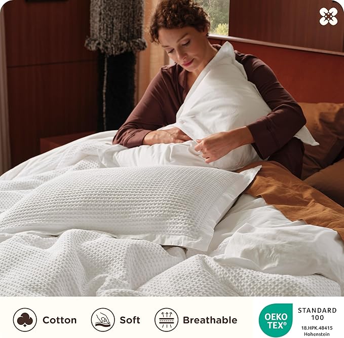 Bedsure Cotton Duvet Cover Twin - 100% Cotton Waffle Weave Coconut White Duvet Cover Twin Size, GentleSoft™ and Breathable Bedding Set for Gifts, 2 Pieces, 68"x90"