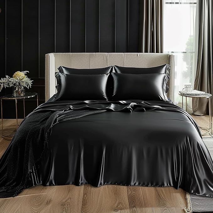 Love's cabin California King Satin Sheet Sets - 4 Piece Black Silky Sheets Bed Set with Deep Pocket, Luxury Silk Feel Satin Cal King Sheet Set (1 Flat Sheet,1 Fitted Sheet,2 Pillow Cases)