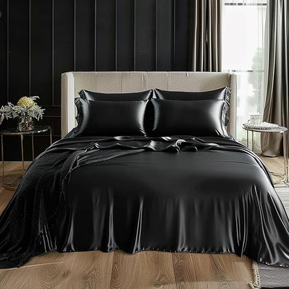 Love's cabin California King Satin Sheet Sets - 4 Piece Black Silky Sheets Bed Set with Deep Pocket, Luxury Silk Feel Satin Cal King Sheet Set (1 Flat Sheet,1 Fitted Sheet,2 Pillow Cases)