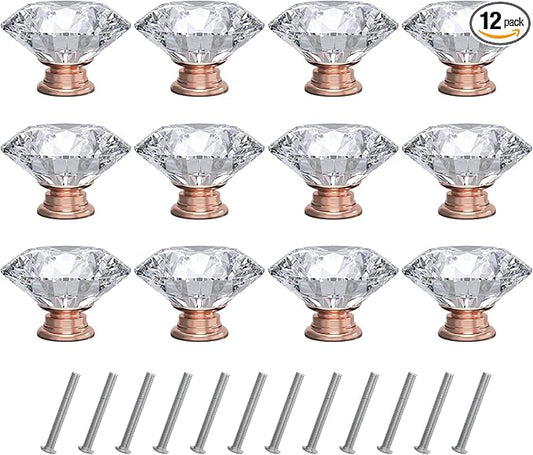Tomorotec 12-Pack 40mm White Crystal Glass Cabinet Drawer Pull with Pink Base for Modern & Classic Styles, Easy-to-Install Elegant Home Decor Upgrade with Durable Hardware for Vanity, Wardrobe, Desk
