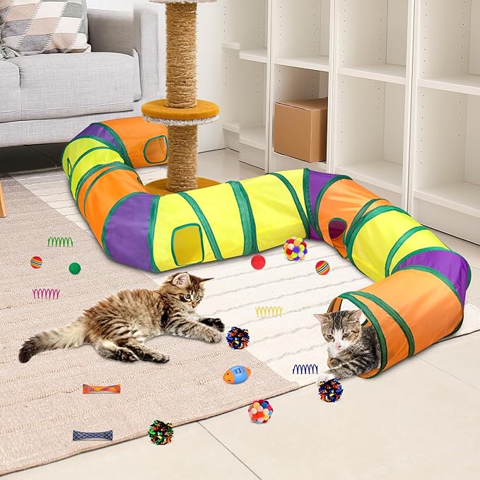 Retro Shaw Cat Tunnels with Cat Toys Pack, Interactive Kitten Toys for Indoor Cats Kitty, Kitten Tube Tent Feather Wand Teaser Bell Fuzzy Ball Springs Mouse (25 Pcs Extra Large Cat Tunnel Toys Set)-Mewly Pet