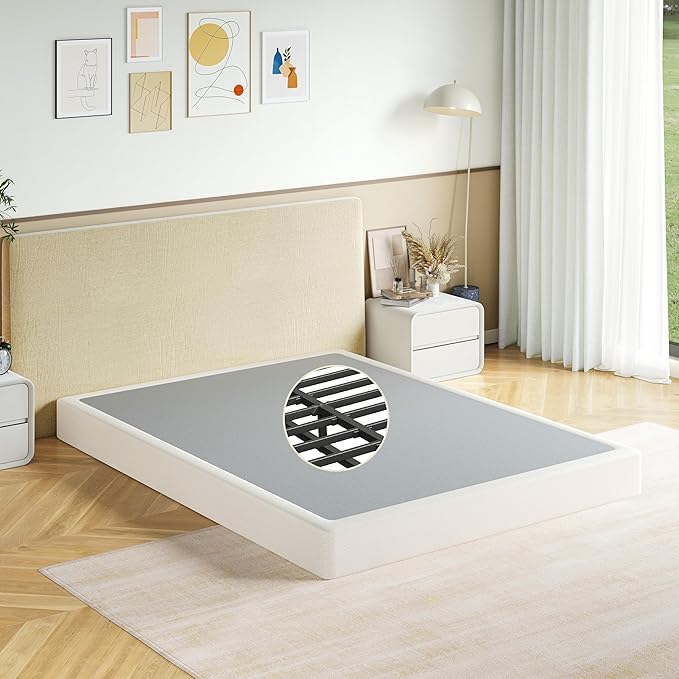 Full Size Box Spring, 7 Inch Low Profile Metal Frame Mattress Foundation, 3000 lbs Heavy Duty Boxspring with Fabric Cover, Easy Assembly, Noise Free, Non-Slip