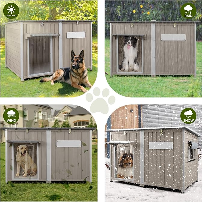 Large Dog House Outdoor XL Wooden Dog House with Weatherproof Asphalt Roof, Chew-Resistant Frame, Removable Floor, for Medium to Large Dogs Indoor Outdoor Use (Grey, 55.1"L x 33.1"W x 34.8"H)-Mewly Pet