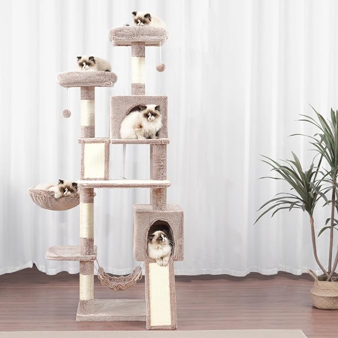 Cat Tree for Indoor Cats, 71'' (180cm) Multi-Level Cat Tower for Large Adult, Sturdy Cat Tree House with 2 Scratching Boards 7 Posts, 2 Plush Perches/Condos, Hammock, Muchroom GCT032MU-Mewly Pet