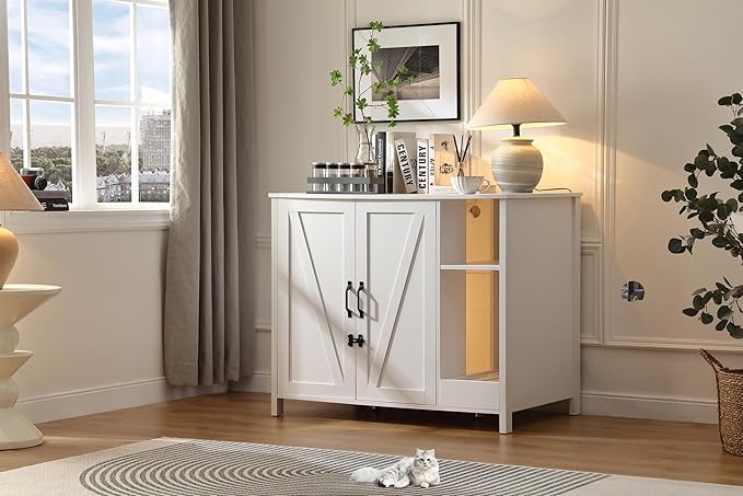 Cat Litter Robot Enclosure,for Placing Litter Robot 3/4,Power Outlet and Dog-Proof Shelf for Litter Robot Cabinet,Litter Collector for Automatic Litter Box Enclosure,Cloud White-Mewly Pet