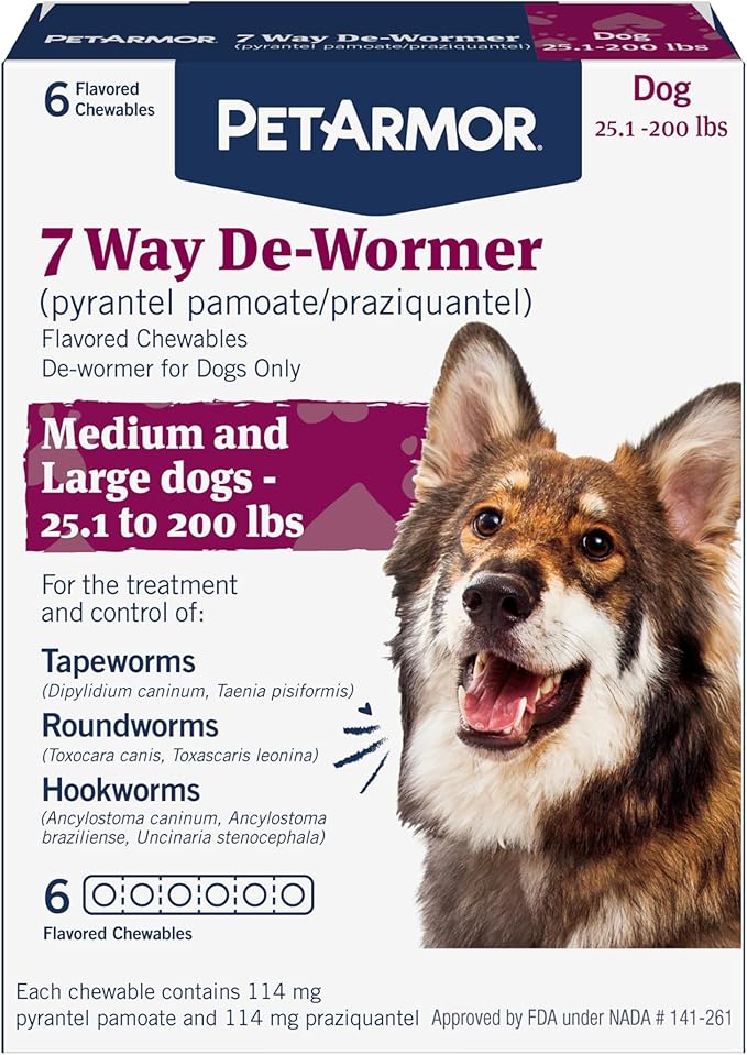 PetArmor 7 Way De-Wormer for Dogs, Oral Treatment for Tapeworm, Roundworm & Hookworm in Large Dogs & Puppies (Over 25 lbs), Worm Remover (Praziquantel & Pyrantel Pamoate), 6 Flavored Chewables-Mewly Pet