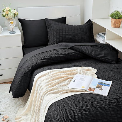 HYMOKEGE Black Twin XL Comforter Set Seersucker 5 Pieces, All Season Luxury Bed in a Bag for Bedroom, Bedding Set with Comforters, Sheets, Pillowcase & Sham