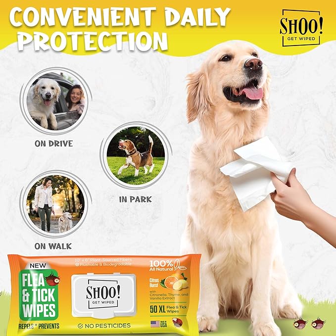 Shoo! Flea & Tick Wipes for Dogs | Convenient, Easy On-The-Go Protection | Plant Based, Natural Oils, Chemical Free | Repels & Prevents | 50 XL Wipes | (Citrus Burst)-Mewly Pet