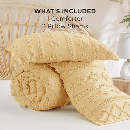 Bedsure Tufted Boho Comforter Set Queen Size - Yellow Boho Bed Set, GentleSoft™ 3 Pieces Farmhouse Shabby Chic Embroidery Bedding, Gifts for Woman, Soft Jacquard Queen Comforter for All Seasons