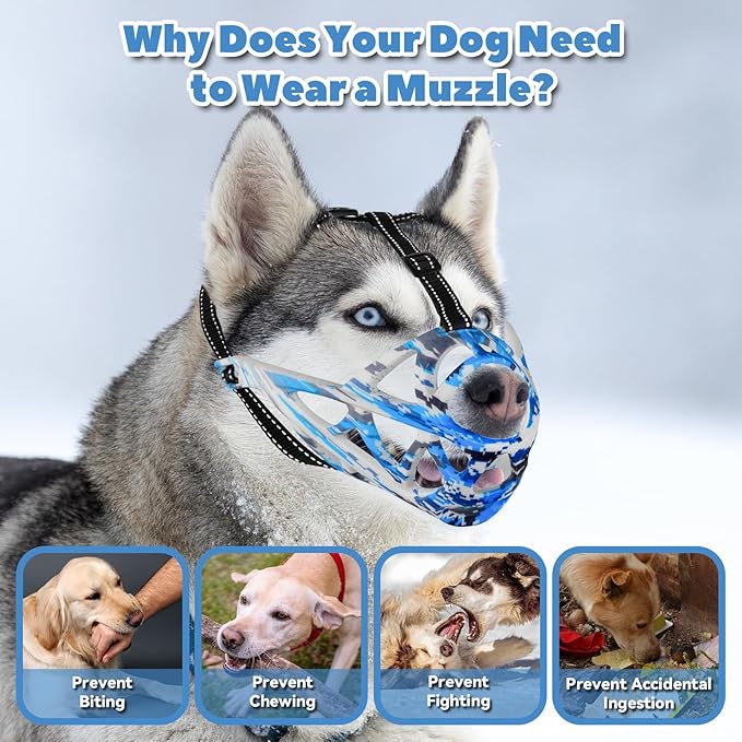 Dog Muzzle for Large Dogs, Medium and X-Large Aggressive Dog, Breathable Basket Muzzles, Suitable for Grooming Trimming Training, Allows Panting Drinking (Camouflage Blue, M)-Mewly Pet