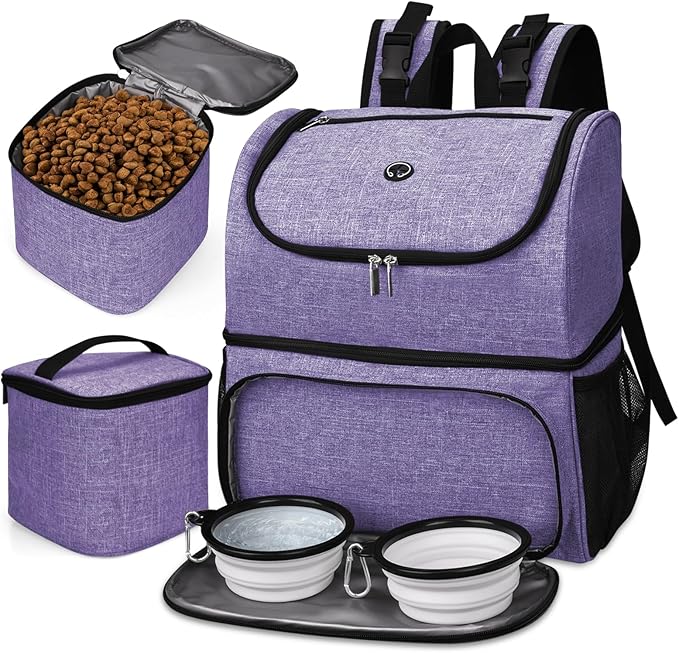 BAGLHER Pet Travel Bag, Double-Layer Pet Supplies Backpack (for All Pet Travel Supplies), Pet Travel Backpack with 2 Silicone Collapsible Bowls and 2 Food Baskets Purple-Mewly Pet