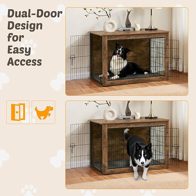 Dog Kennel Furniture, Wooden Dog Crate End Table with Dual Doors, Chew-Proof Design & Cushion, Heavy Duty Dog Crate, Decorative Pet Crate Dog Cage for Indoor (39 Inch)-Mewly Pet
