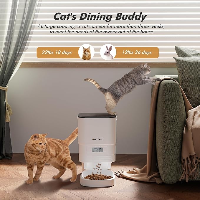 Automatic Cat Feeder - Nityers 4L Timed Cat Dry Food Dispenser, Programmable Portion Size,1-6 Meals Per Day, Dual Power Supply, Detachable Washable, Auto Pet Feeder for Cats and Small Dogs-Mewly Pet