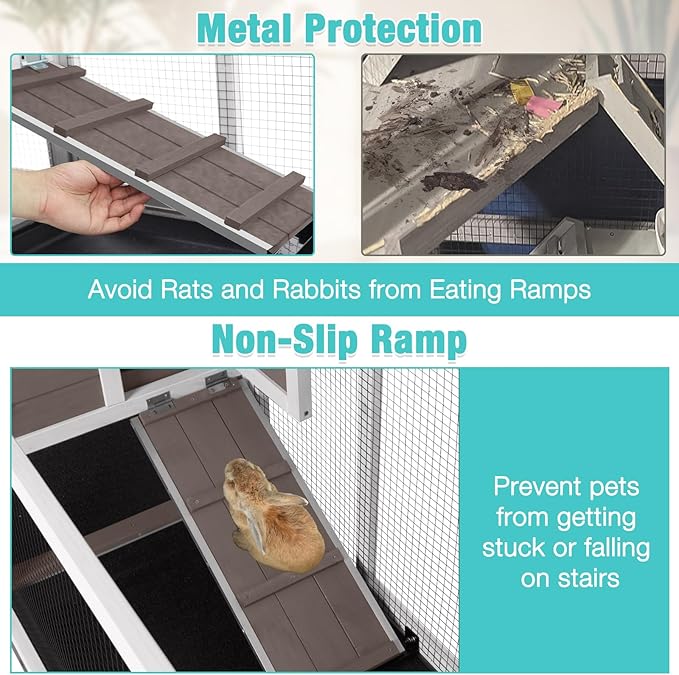 62" Rabbit Hutch with Chew-Proof Ramp & Waterproof Roof - Indoor/Outdoor Bunny Cage, 2-Story Design, 6 Lockable Caster Wheels & Dual Pull-Out Trays (Brown)-Mewly Pet