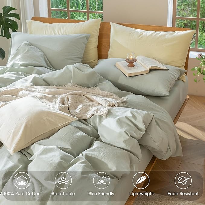 MooMee Bedding Duvet Cover Set 100% Washed Cotton Linen Like Textured Breathable Durable Soft Comfy (Heathered Sage Green, Twin 68"x90")