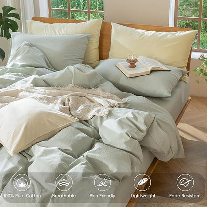 MooMee Bedding Duvet Cover Set 100% Washed Cotton Linen Like Textured Breathable Durable Soft Comfy (Heathered Sage Green, Super Queen 90"x98")