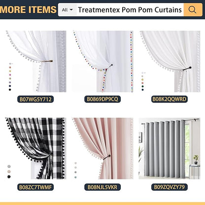 Treatmentex Pom-Pom Pink Sheer Curtains for Girl's Room 95 inches Linen Textured Look Red Sheer Window Draperies for Bedroom Living Room, 52" w x 2 Panels, Rod Pocket
