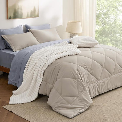 Bedsure Queen Comforter Set - 7 Pieces Reversible Beige Bedding, Queen Size Bed Set for All Seasons, Bed in a Bag with Down Alternative Comforter, Sheets, Pillowcases & Shams