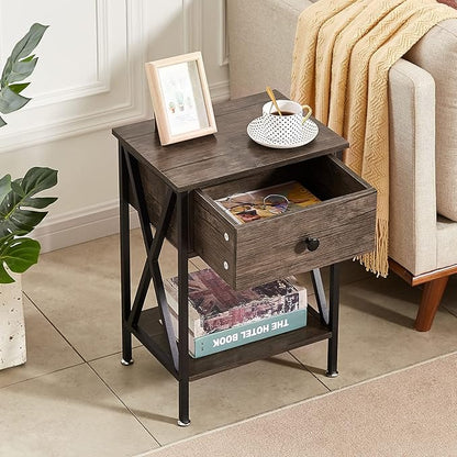 VECELO Nightstands Set of 2, Modern Bedside End Tables, Night Stands with Drawer and Storage Shelf for Living Room Bedroom, Industrial Metal Frame