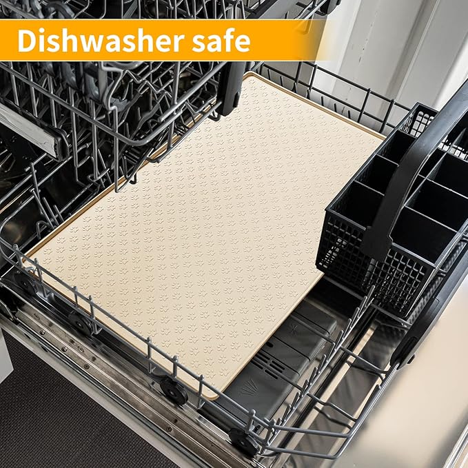 Ptlom Silicone Pet Placemat for Dog and Cat, Waterproof Non-Slip Pet Feeding Bowl Mats for Food and Water, Small Medium Large Tray Mat Prevent Residues from Spilling to Floor, Beige, 18" 12"-Mewly Pet