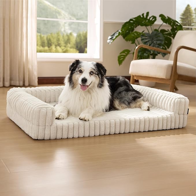Bedsure Orthopedic Dog Beds for Extra Large Dogs, Waterproof Memory Foam XL Pet Bed with Sides, Non-Slip and Egg-Crate Foam Big Dog Couch Sofa with Washable Removable Corduroy Cover, Cream-Mewly Pet