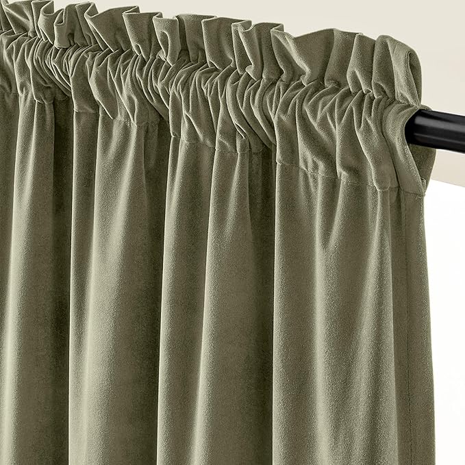 Lazzzy Velvet Blackout Curtains Thermal Insulated Room Window Drapes Super Soft Luxury Curtains for Living Room Bedroom Rod Pocket 2 Panels, Olive Sage, 52" W x 96" L