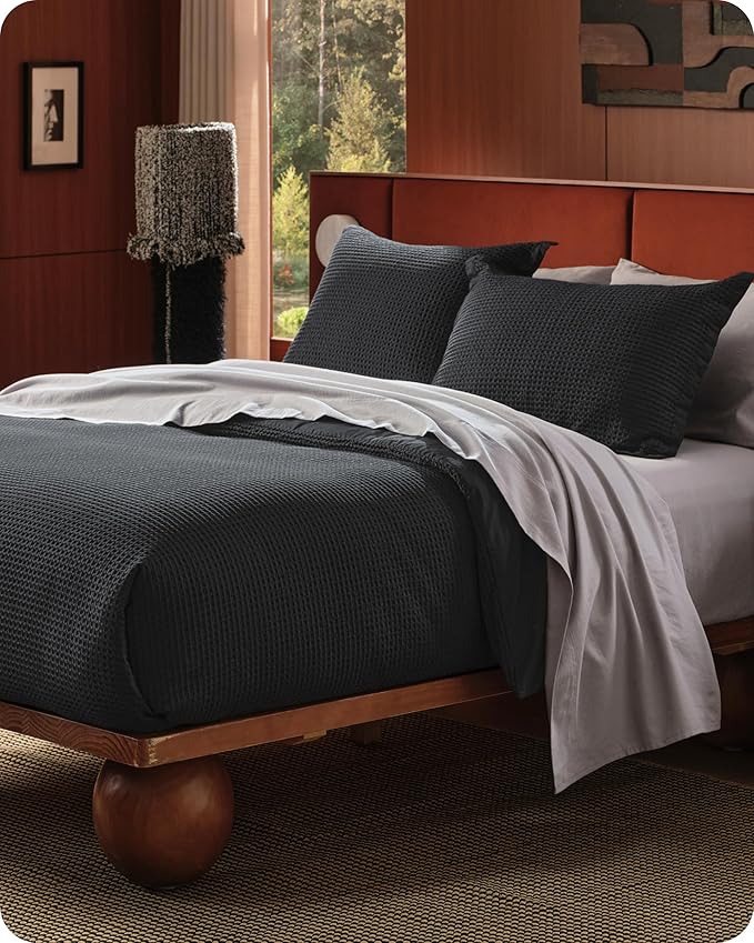 Bedsure Cotton Duvet Cover King - 100% Cotton Waffle Weave Black Duvet Cover King Size, GentleSoft™ and Breathable Bedding Set for All Season, 3 Pieces, 104"x90"