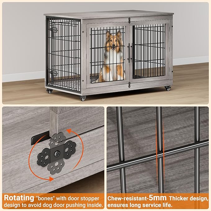 Lulive Dog Crate Furniture, XL Wooden Dog Kennel Indoor Double Doors Dog Cage, 44'' Heavy Duty Dog Crate with Cushion & Wheels, Decorative End Table Chew-Resistant for Extra Large/Medium, Grey-Mewly Pet