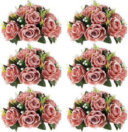 NUPTIO Artificial Flower Centrepieces for Tables - 6 Pcs Dusty Rose Fake Flowers Roses Balls 9.5in Diameter - Silk Faux Rose Arrangement for Wedding Party Centerpiece Table Decorations