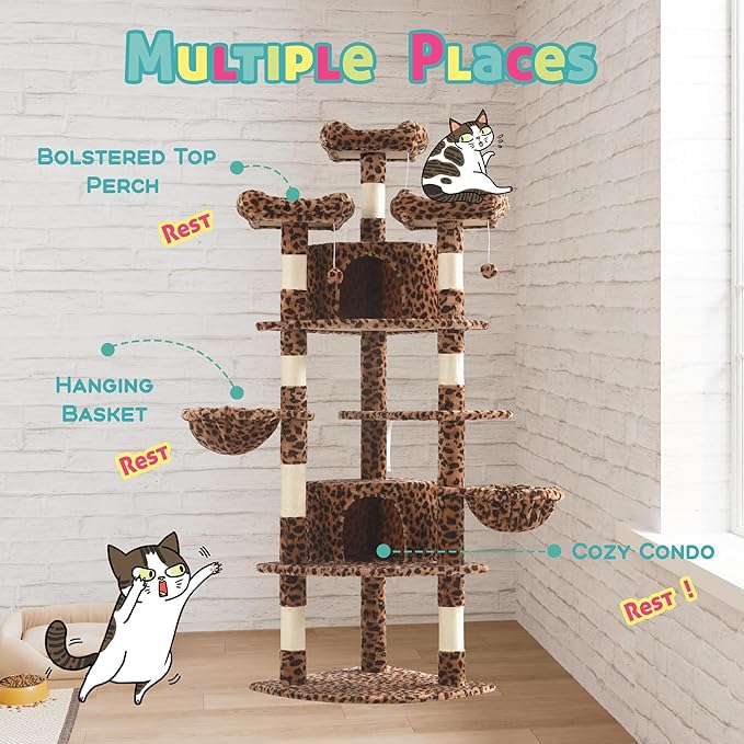 SHA CERLIN 73in Fan-Shaped Corner Cat Tower for Save Space/Multi-Level Tall Cat Tree for Indoor Kitties/Condo with Baskets/Cozy Perches/Sisal Scratching Posts/Pet Activity House/Leopard Print-Mewly Pet