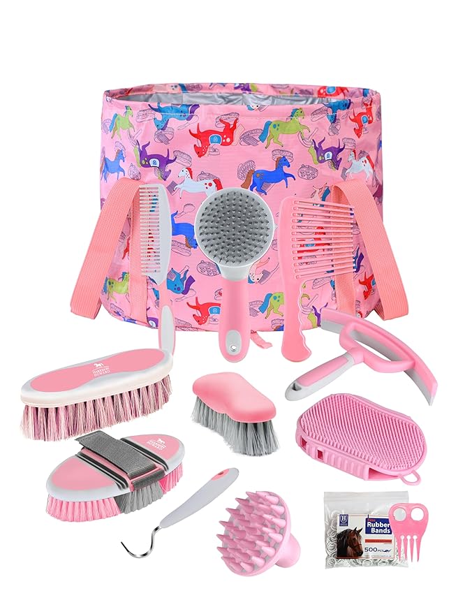 Harrison Howard Horse Grooming Kit 11-Piece Equine Care Series Horse Brush Sets with Organizer Tote Bag Tack Room Supplies Shedding Grooming Massaging Tools Pink Brushstroke Ponies-Mewly Pet