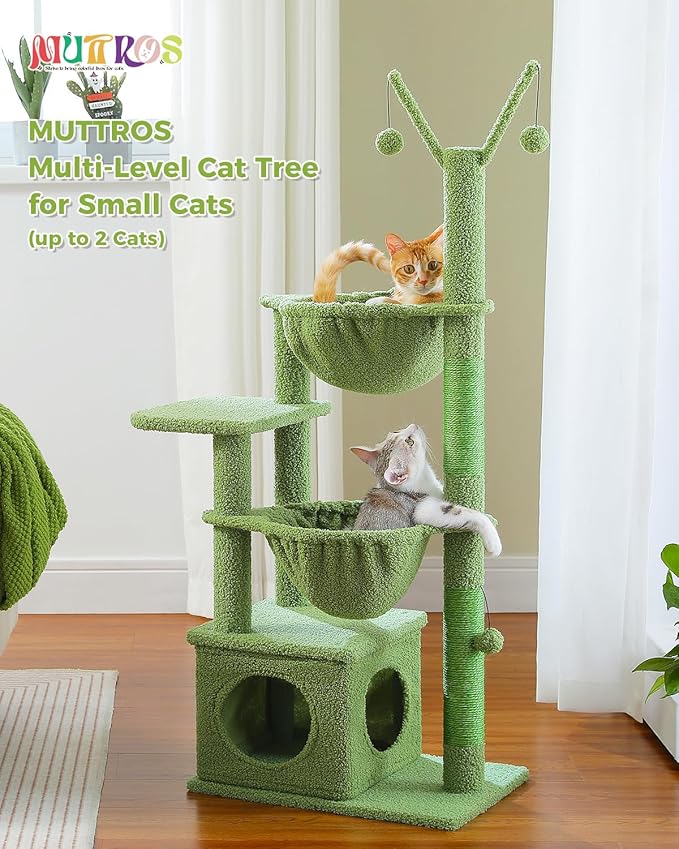 Cactus Cat Tree, 47.6" Cat Tower with 2 Metal Frame Hammock, Cat Scratching Post for Indoor Cats with 2 Removable Pompom Sticks for Kittens, Green-Mewly Pet