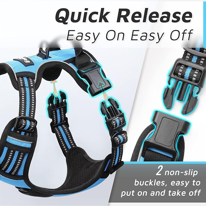 Eagloo Dog Harness Medium Sized Dog, No Pull Service Vest with Reflective Strips and Control Handle, Adjustable and Comfortable for Easy Walking, No Choke Pet Harness with 2 Metal Rings, Sky Blue, M-Mewly Pet