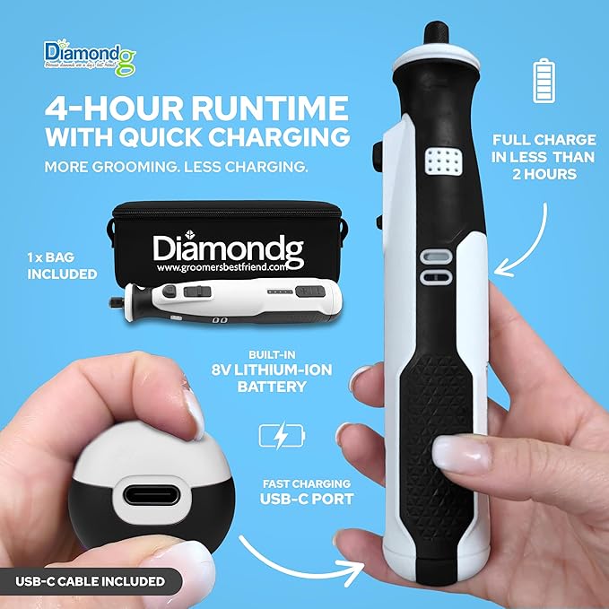 Diamondg Cordless Dog Nail Grinder with Quiet Sound & LED Tip for Large & Small Dogs, 4hrs. Runtime - Electric Dog Nail Trimmer, Heavy Duty Rotary Tool Alternative to Toenail Clippers & Filers-Mewly Pet