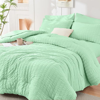 HYMOKEGE Mint Green King Size Comforter Set Seersucker 7 Pieces, All Season Luxury Bed in a Bag for Bedroom, Bedding Set with Comforter, Sheets, Pillowcases & Shams