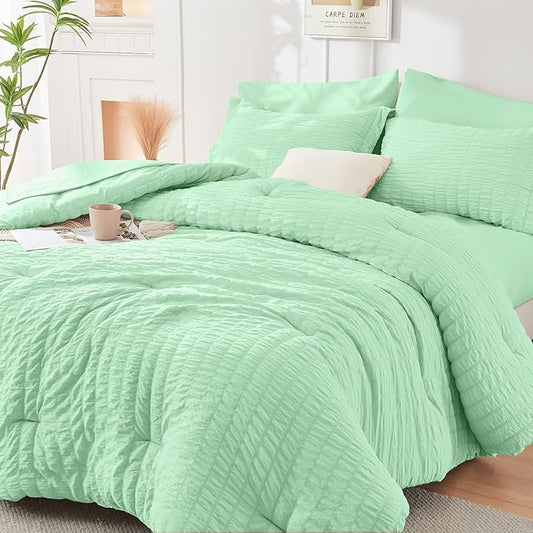 HYMOKEGE Mint Green King Size Comforter Set Seersucker 7 Pieces, All Season Luxury Bed in a Bag for Bedroom, Bedding Set with Comforter, Sheets, Pillowcases & Shams