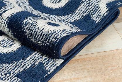 Custom Length Cut to Size Retro Modern Coastal Carpet Runner Rug for Hallways, Non Slip Rubber Backed, 31 inch Wide X Customized Length, Geo Blue, 31 inch X 12 feet